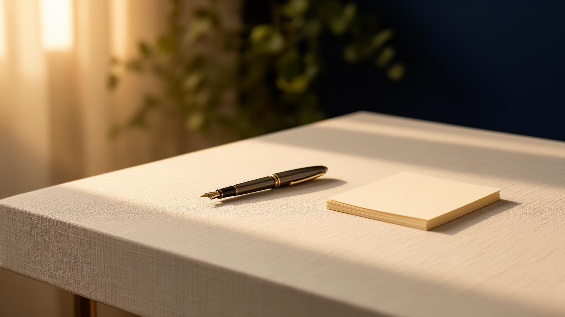 Quiet ivory desk with fountain pen — a setting for considered financial advisory work